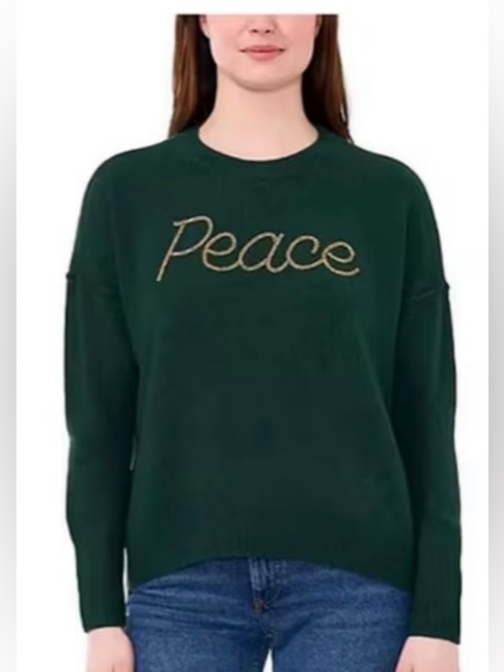 Brand new Vince Camuto Green Sweater with Gold Bead Peace Script